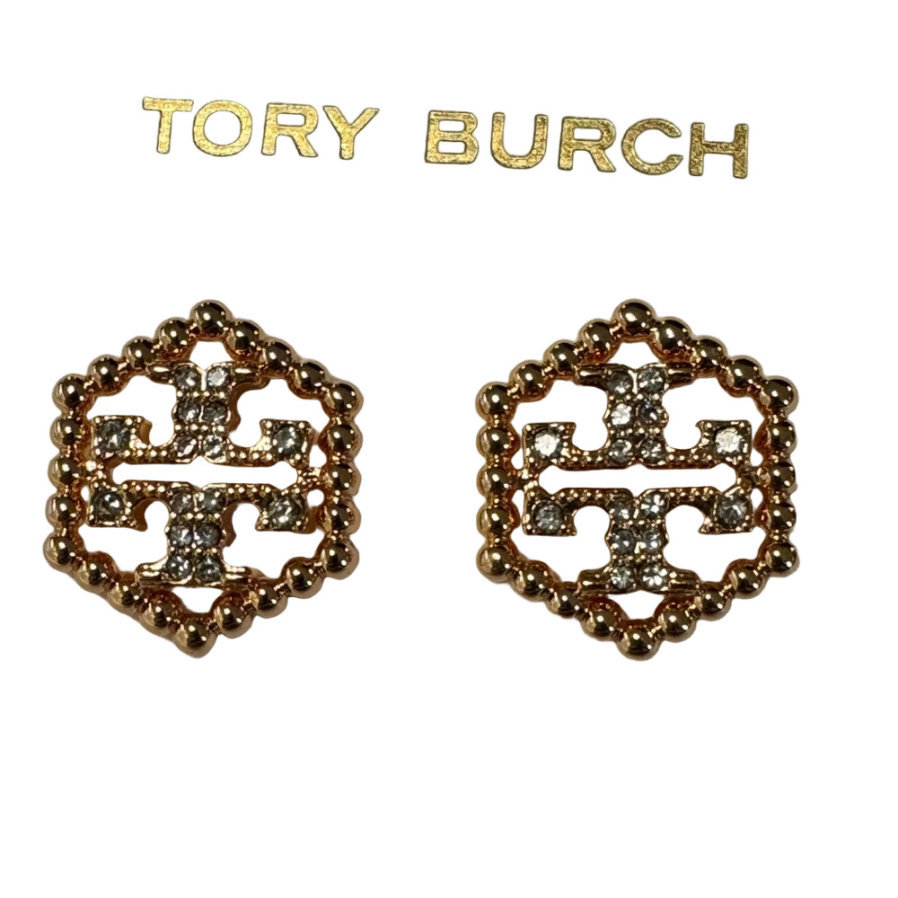 Tory Burch New Milgrain Hex Pavé Rose Gold Stud Earrings